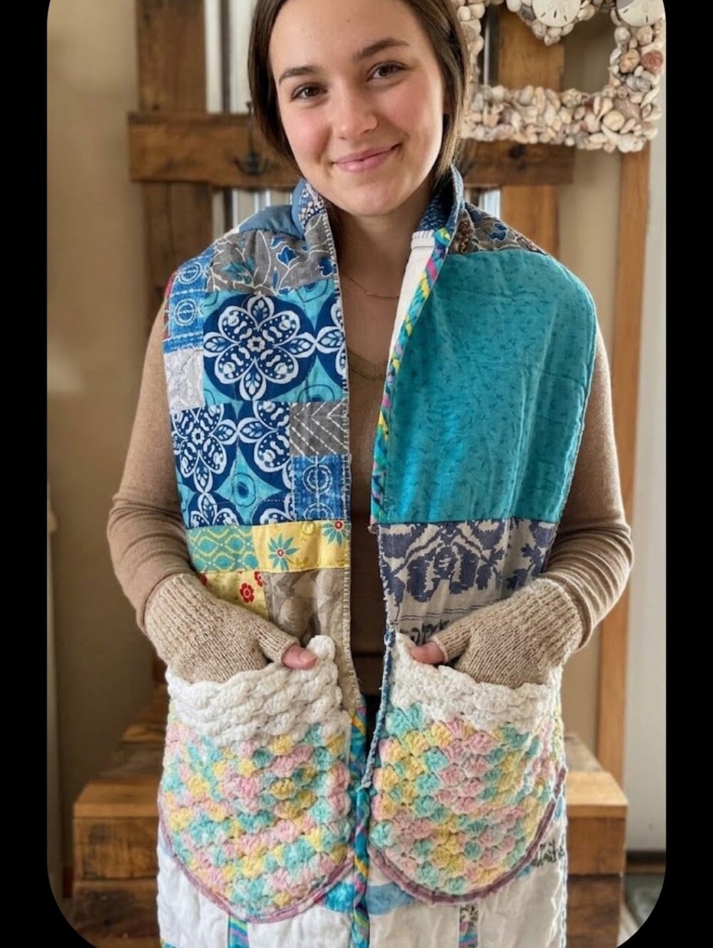 Upcycled Vtg Textile Patch Scarf With Pockets/hand Warmers Winter Aquas